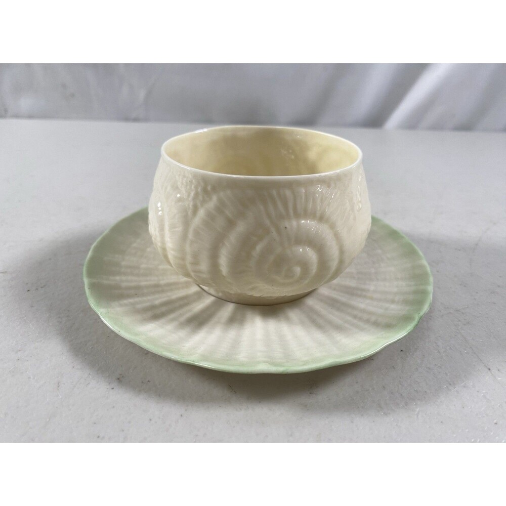 Antique Belleek Black Mark Green Mark Green Porcelain Cup & Saucer #771